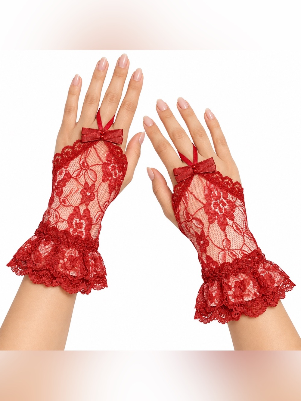 Vintage Red Floral Lace Fingerless Gauntlet Costume Gloves One Size